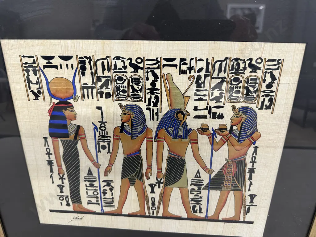 Framed Eyptian Artwork On Paparyus Paper Signed H49,W55cm Image 1++