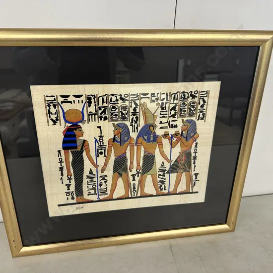 Framed Eyptian Artwork On Paparyus Paper Signed H49,W55cm