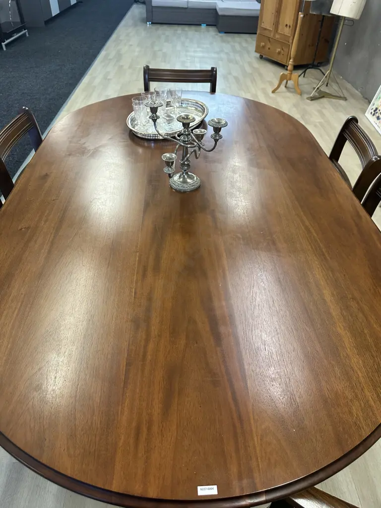 Oval Mahogany Dining Table, 200 x 119cm, Double Pedestal & Stretcher, Brass Claw Feet, 6 Brown & Green Fabric Chairs Image 1++