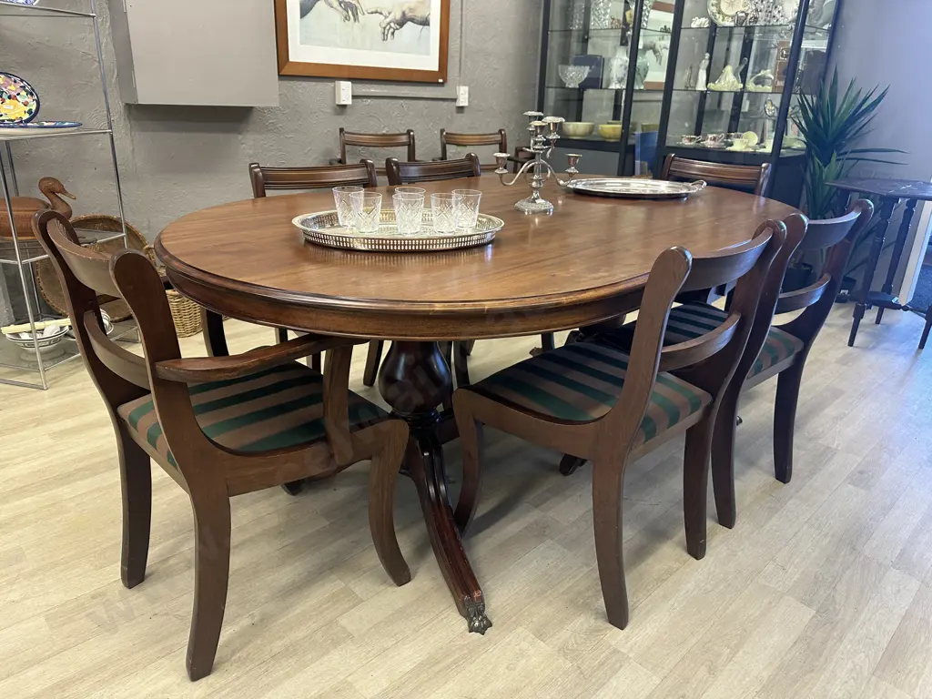 Oval Mahogany Dining Table, 200 x 119cm, Double Pedestal & Stretcher, Brass Claw Feet, 6 Brown & Green Fabric Chairs Image 1++
