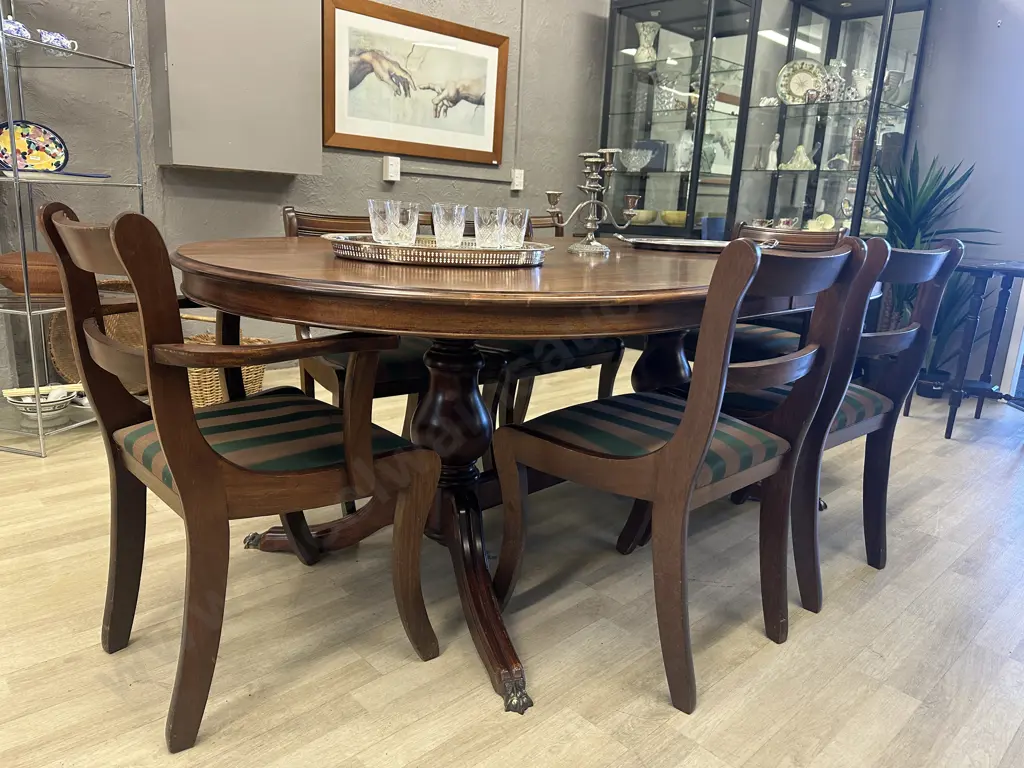 Oval Mahogany Dining Table, 200 x 119cm, Double Pedestal & Stretcher, Brass Claw Feet, 6 Brown & Green Fabric Chairs Image 1++