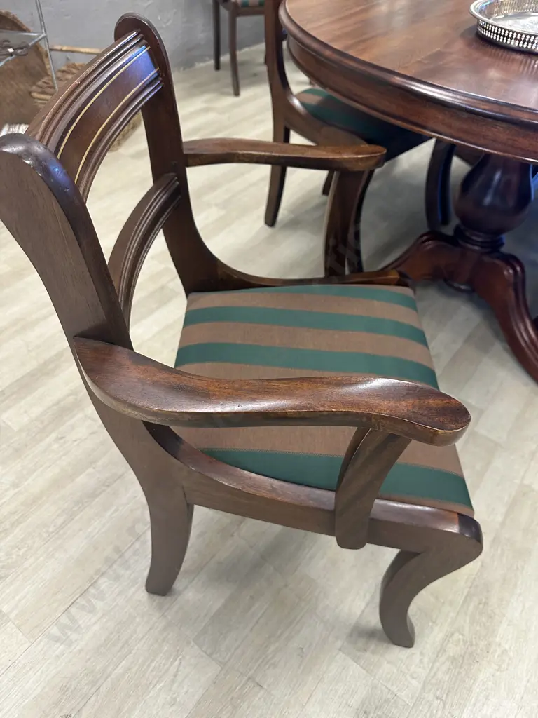 Oval Mahogany Dining Table, 200 x 119cm, Double Pedestal & Stretcher, Brass Claw Feet, 6 Brown & Green Fabric Chairs Image 1++
