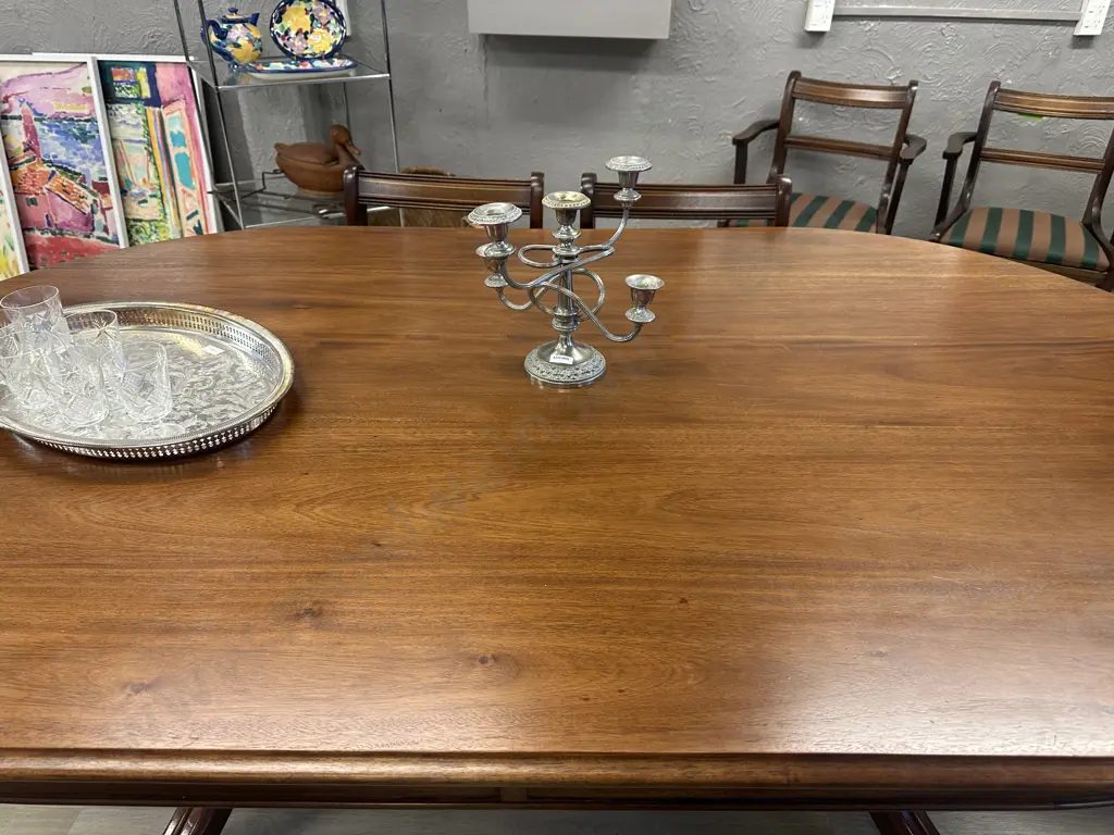 Oval Mahogany Dining Table, 200 x 119cm, Double Pedestal & Stretcher, Brass Claw Feet, 6 Brown & Green Fabric Chairs Image 1++
