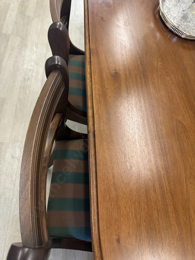 Oval Mahogany Dining Table, 200 x 119cm, Double Pedestal & Stretcher, Brass Claw Feet, 6 Brown & Green Fabric Chairs Image 1++