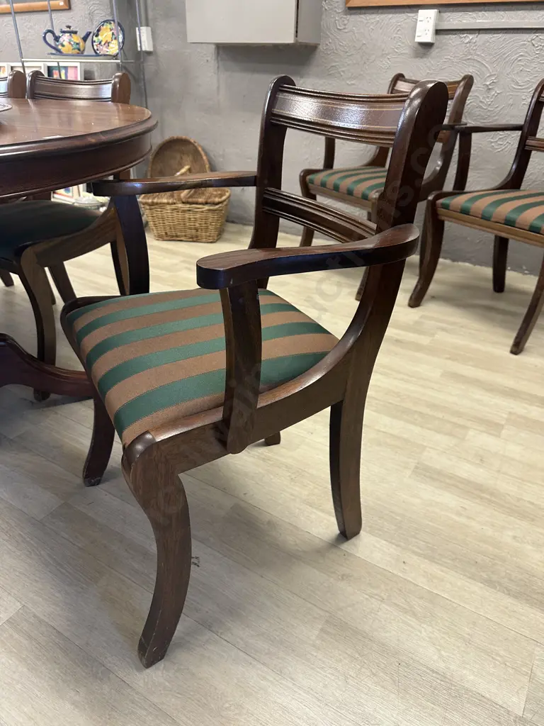 Oval Mahogany Dining Table, 200 x 119cm, Double Pedestal & Stretcher, Brass Claw Feet, 6 Brown & Green Fabric Chairs Image 1++