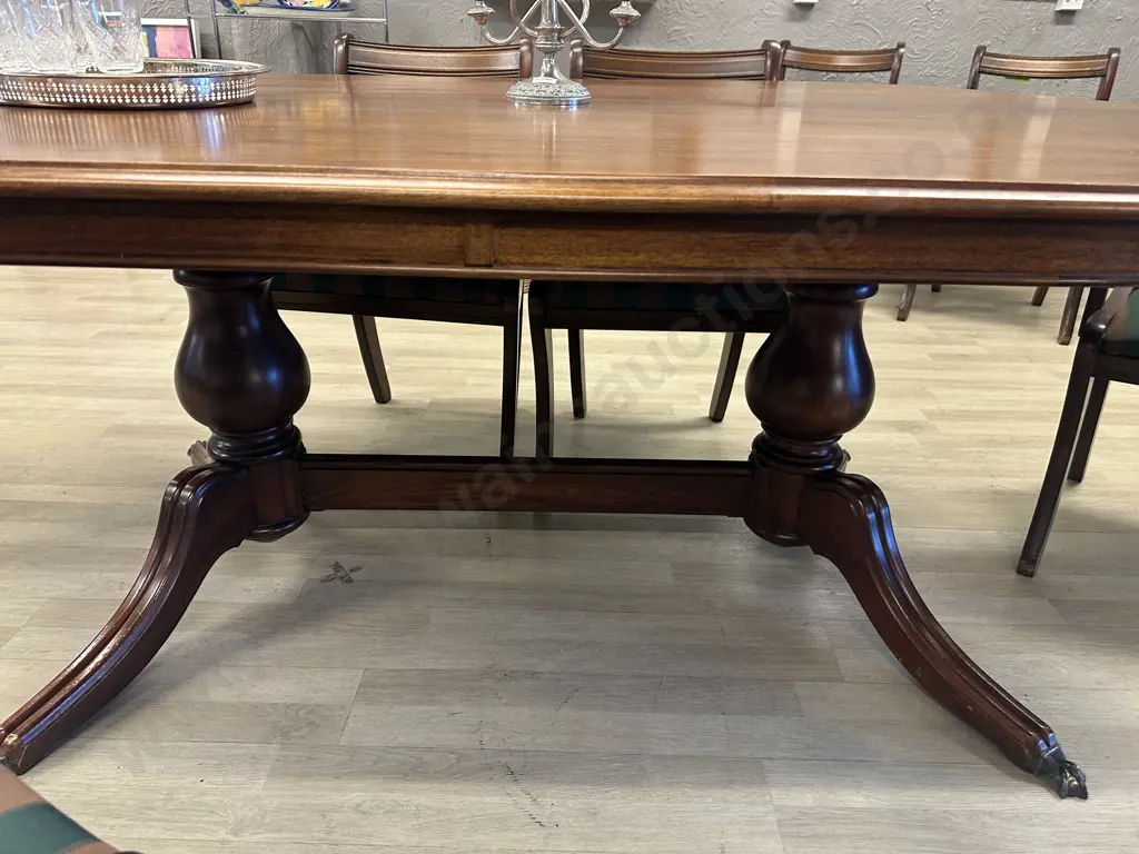 Oval Mahogany Dining Table, 200 x 119cm, Double Pedestal & Stretcher, Brass Claw Feet, 6 Brown & Green Fabric Chairs Image 1++