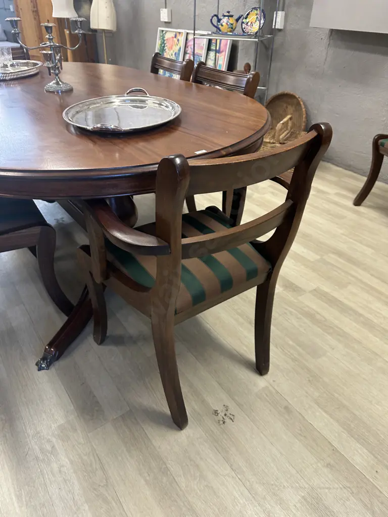 Oval Mahogany Dining Table, 200 x 119cm, Double Pedestal & Stretcher, Brass Claw Feet, 6 Brown & Green Fabric Chairs Image 1++