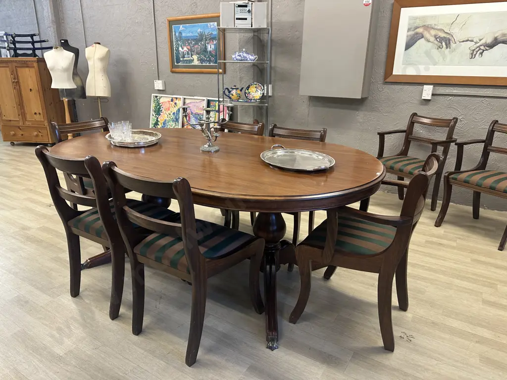 Oval Mahogany Dining Table, 200 x 119cm, Double Pedestal & Stretcher, Brass Claw Feet, 6 Brown & Green Fabric Chairs Image 1++