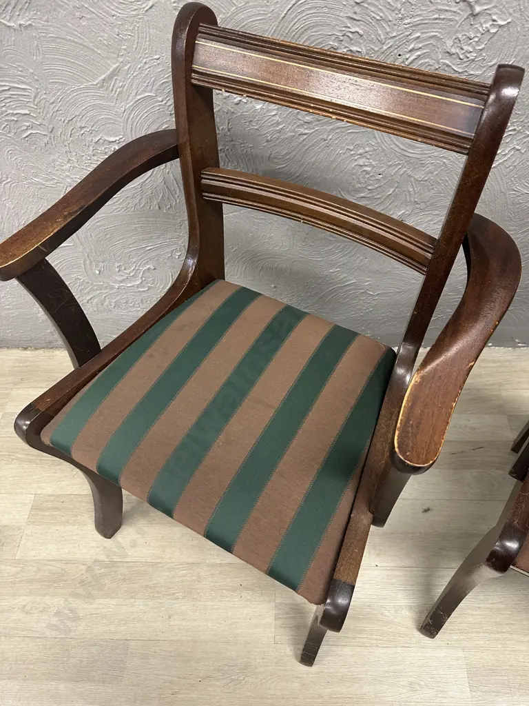 Oval Mahogany Dining Table, 200 x 119cm, Double Pedestal & Stretcher, Brass Claw Feet, 6 Brown & Green Fabric Chairs Image 1++