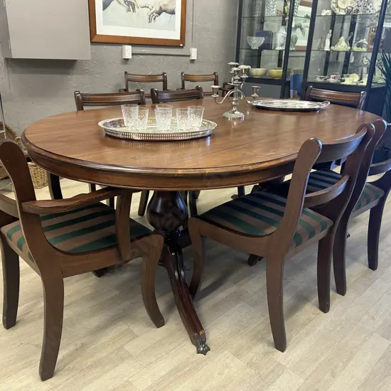 Oval Mahogany Dining Table, 200 x 119cm, Double Pedestal & Stretcher, Brass Claw Feet, 6 Brown & Green Fabric Chairs