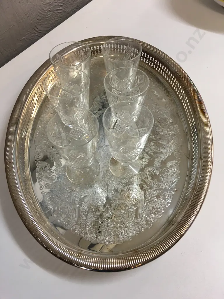 Vintage Oval Silver Plated Tray With Set Of Six Crystal Glasses Image 1++