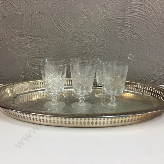 Vintage Oval Silver Plated Tray With Set Of Six Crystal Glasses