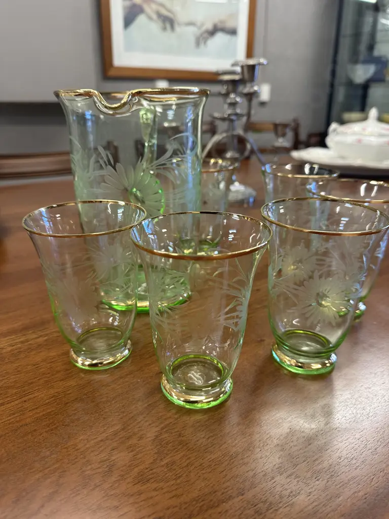 Vintage Green Glass Pitcher & Six Glasses Floral Etching & Gold Rims Image 1++