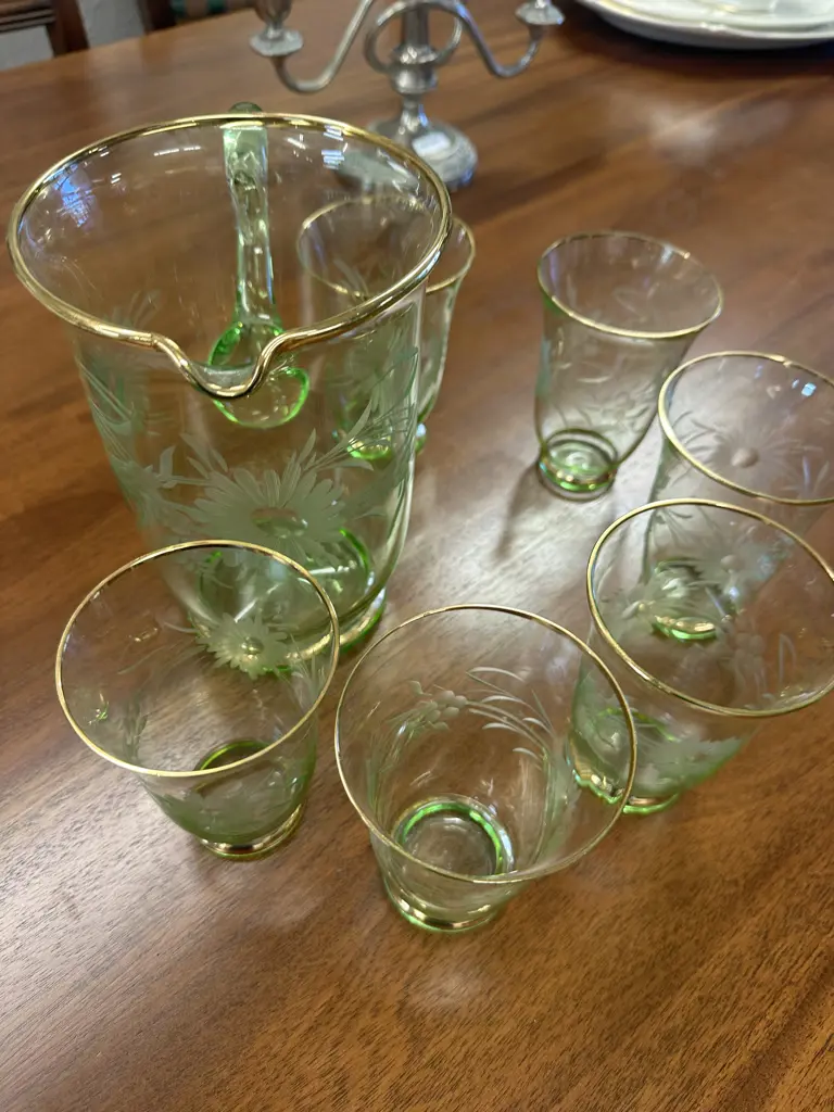 Vintage Green Glass Pitcher & Six Glasses Floral Etching & Gold Rims Image 1++