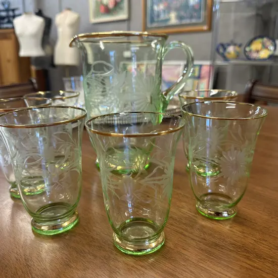 Vintage Green Glass Pitcher & Six Glasses Floral Etching & Gold Rims