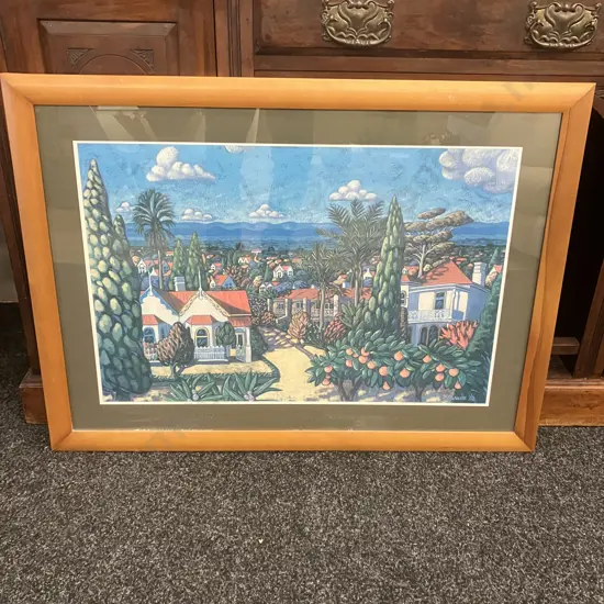 Ingrid Banwell Houses, Trees & Blue Mountains Framed Art Print. 66 x 90cm
