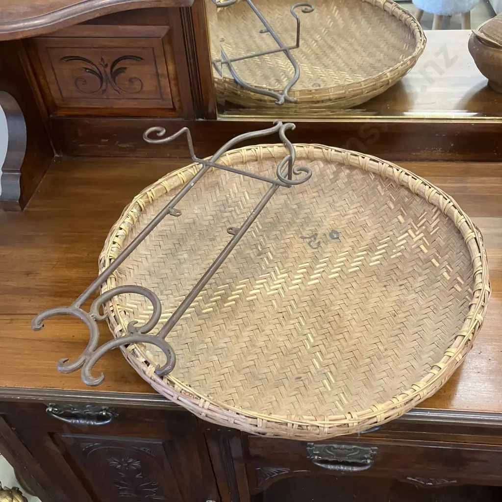 Wrought Wall Hung Holder, 52cm Cane Serving Tray, Lidded Duck Egg Container (As Found) Image 1++