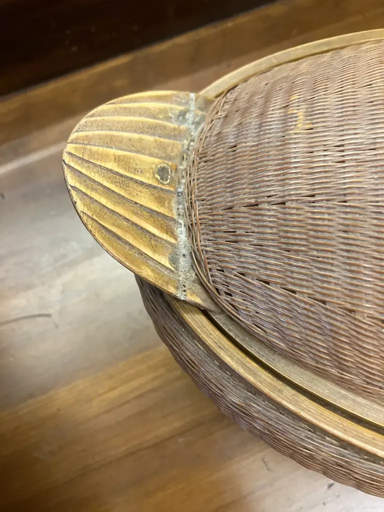 Wrought Wall Hung Holder, 52cm Cane Serving Tray, Lidded Duck Egg Container (As Found) Image 1++