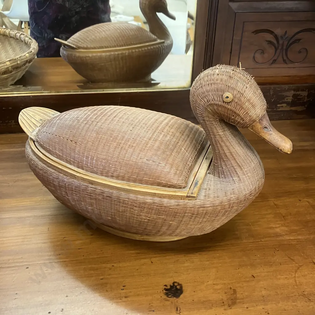 Wrought Wall Hung Holder, 52cm Cane Serving Tray, Lidded Duck Egg Container (As Found) Image 1++
