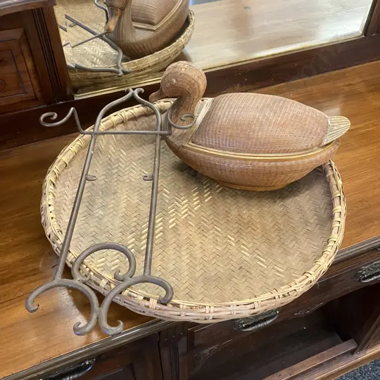 Wrought Wall Hung Holder, 52cm Cane Serving Tray, Lidded Duck Egg Container (As Found)