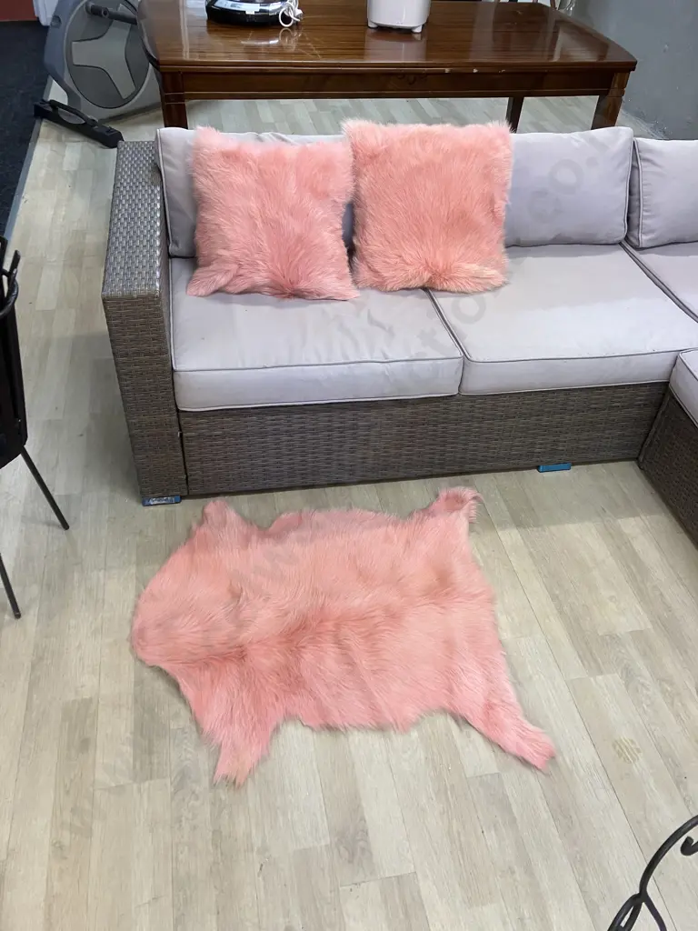 Mulberi Dyed Natural Goat Hide Rug & Pair of Mulberi Cushions - Pink Colour Image 1++