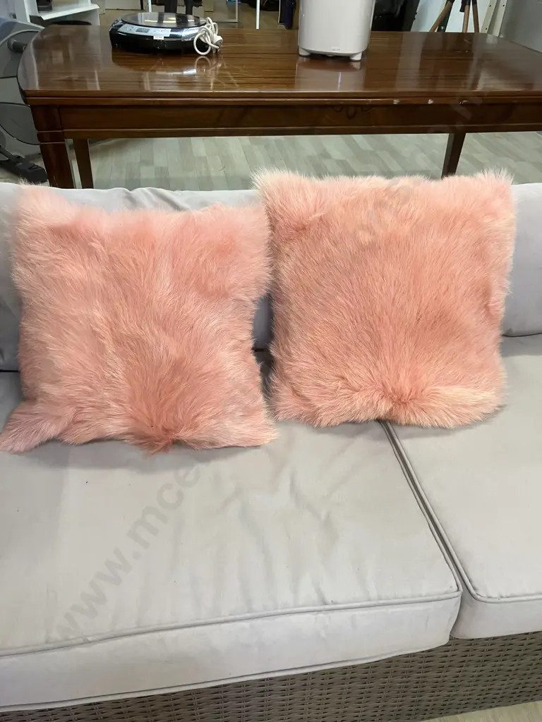 Mulberi Dyed Natural Goat Hide Rug & Pair of Mulberi Cushions - Pink Colour Image 1++