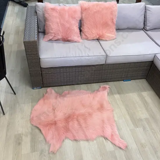 Mulberi Dyed Natural Goat Hide Rug & Pair of Mulberi Cushions - Pink Colour