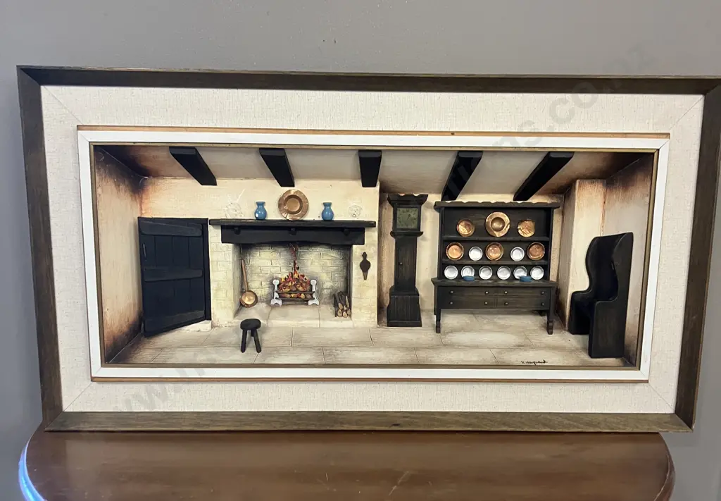 Vintage Wooden Art Diorama in Shadow Box - Dutch Folk Kitchen Scene Wall Decor. Signed R Hayward? 35 x 67cm Image 1++