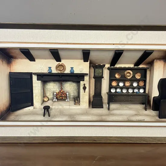 Vintage Wooden Art Diorama in Shadow Box - Dutch Folk Kitchen Scene Wall Decor. Signed R Hayward? 35 x 67cm