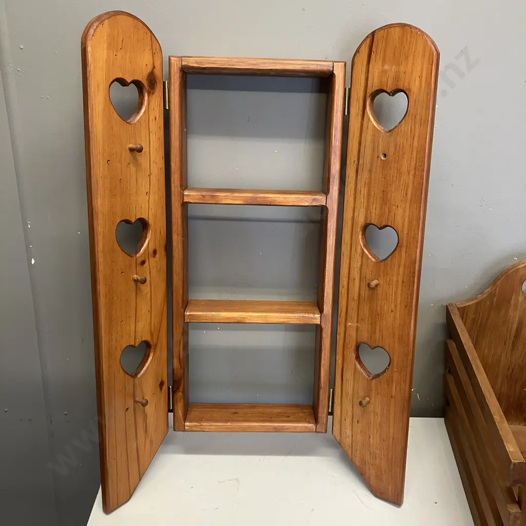 Vintage Wooden Wall Shelf With heart Cutout Doors & Peg Hooks. H72 W25 D9cm With Wooden Heart Cutout Magazine Rack. H35 Image 1++
