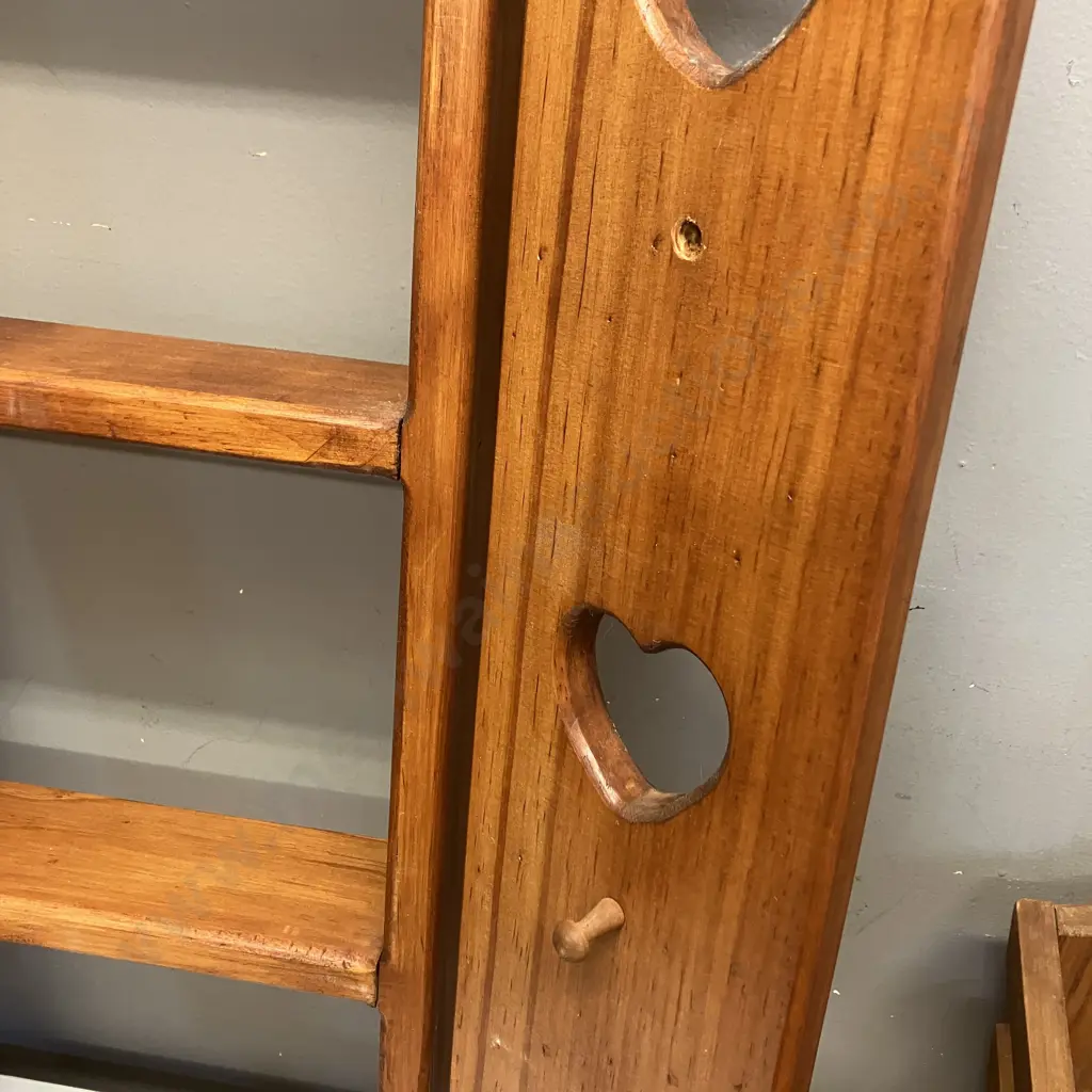 Vintage Wooden Wall Shelf With heart Cutout Doors & Peg Hooks. H72 W25 D9cm With Wooden Heart Cutout Magazine Rack. H35 Image 1++