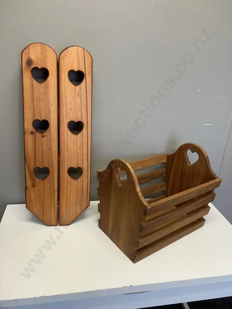 Vintage Wooden Wall Shelf With heart Cutout Doors & Peg Hooks. H72 W25 D9cm With Wooden Heart Cutout Magazine Rack. H35 Image 1++