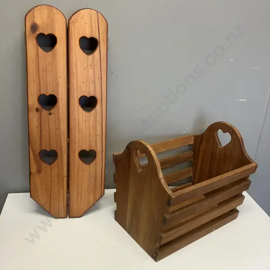 Vintage Wooden Wall Shelf With heart Cutout Doors & Peg Hooks. H72 W25 D9cm With Wooden Heart Cutout Magazine Rack. H35
