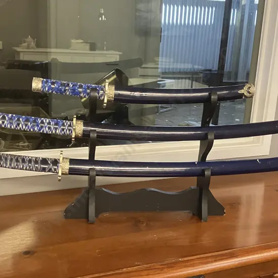 Three Piece Blue Katana Sword Set On Freestanding Display Stand