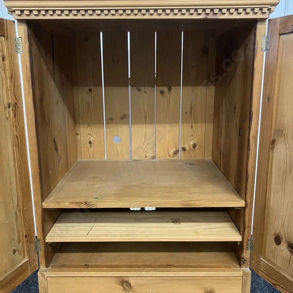 Vintage Pine Double Door Storage Cupboard With Drawer In Base, On Castors. H133 W87 D69cm Image 1++