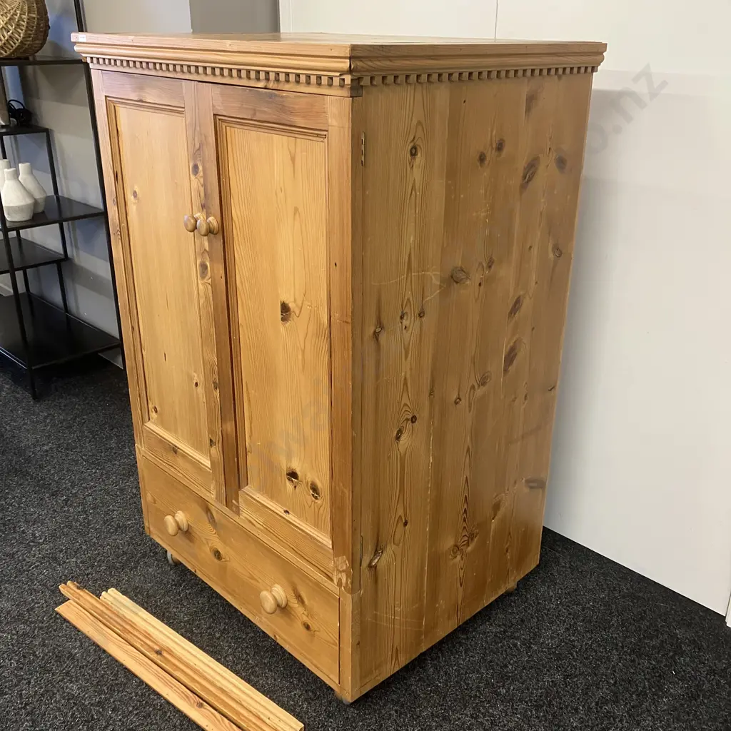 Vintage Pine Double Door Storage Cupboard With Drawer In Base, On Castors. H133 W87 D69cm Image 1++