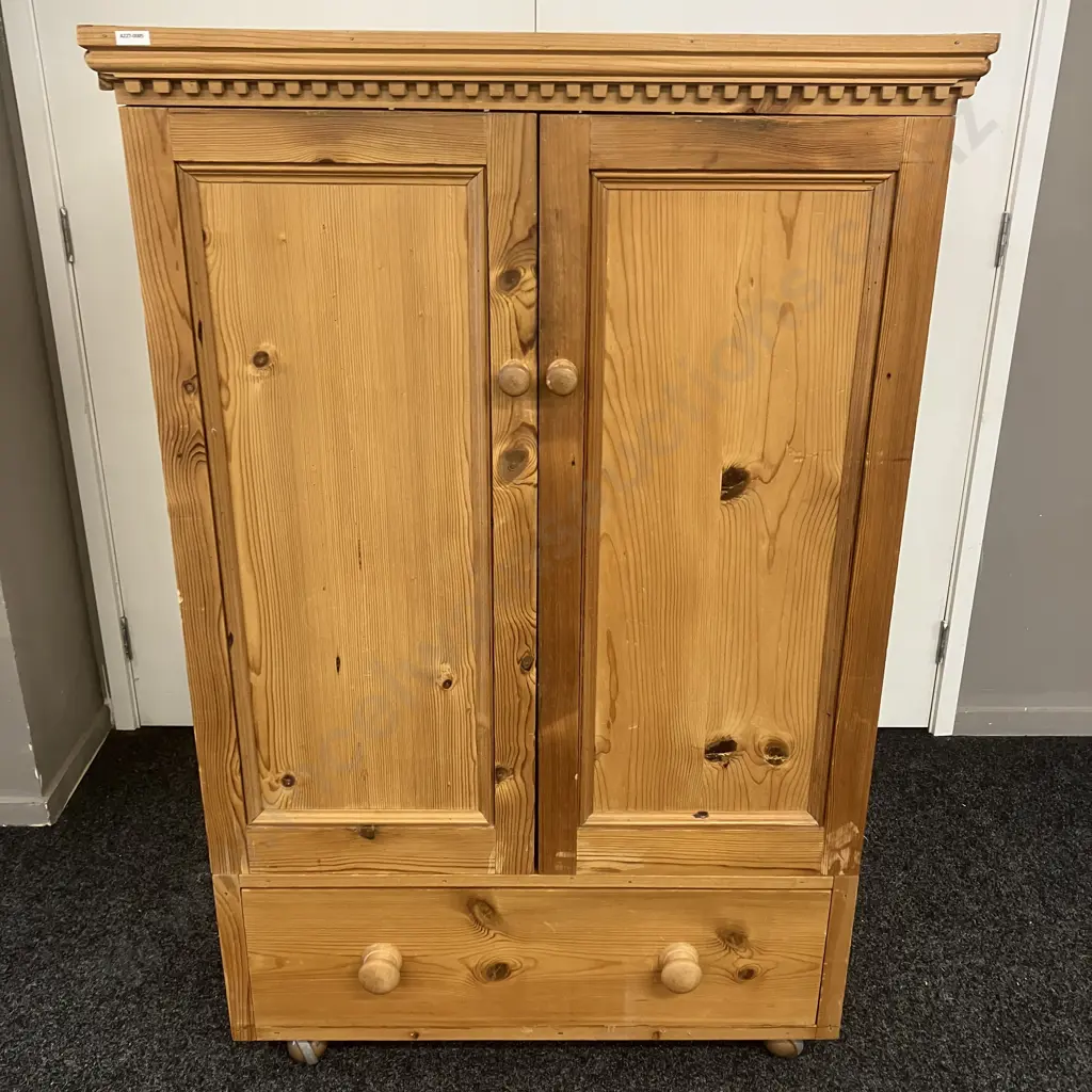 Vintage Pine Double Door Storage Cupboard With Drawer In Base, On Castors. H133 W87 D69cm Image 1++