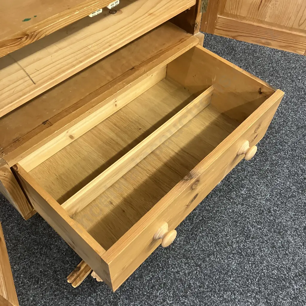Vintage Pine Double Door Storage Cupboard With Drawer In Base, On Castors. H133 W87 D69cm Image 1++