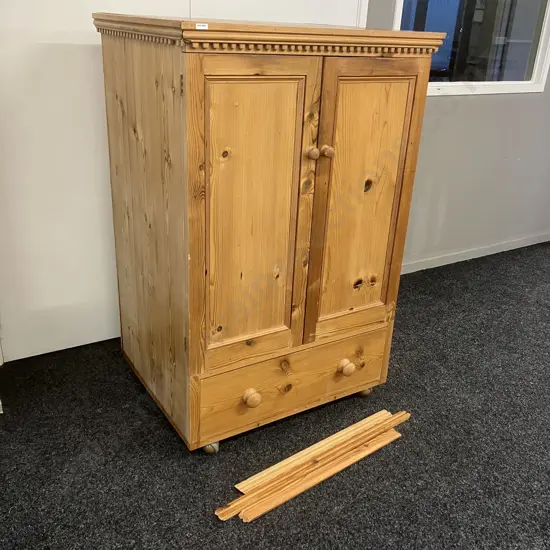 Vintage Pine Double Door Storage Cupboard With Drawer In Base, On Castors. H133 W87 D69cm
