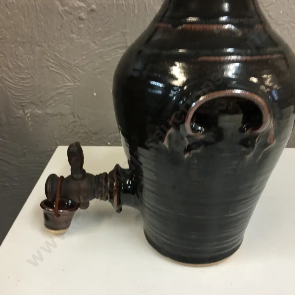 Vintage Glazed Brown Pottery Liquor Decanter With Wooden Tap & Cork H38cm. Image 1++