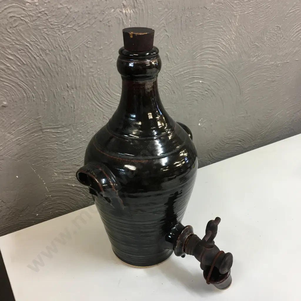 Vintage Glazed Brown Pottery Liquor Decanter With Wooden Tap & Cork H38cm. Image 1++