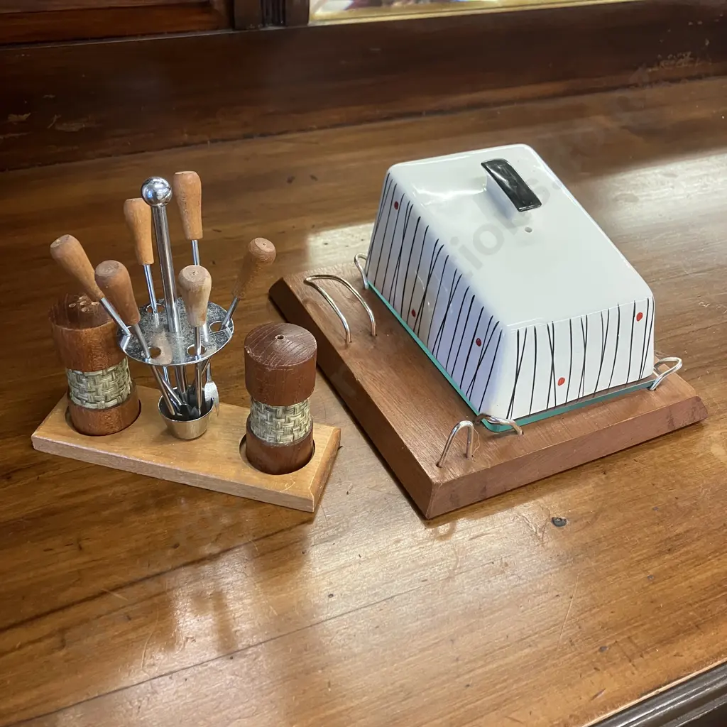 Kirkham Pottery Butter Dish And Wynncraft Stand Red Dot Black Streak Atomic & Retro Fondue Forks With Salt & Pepper Set Image 1++