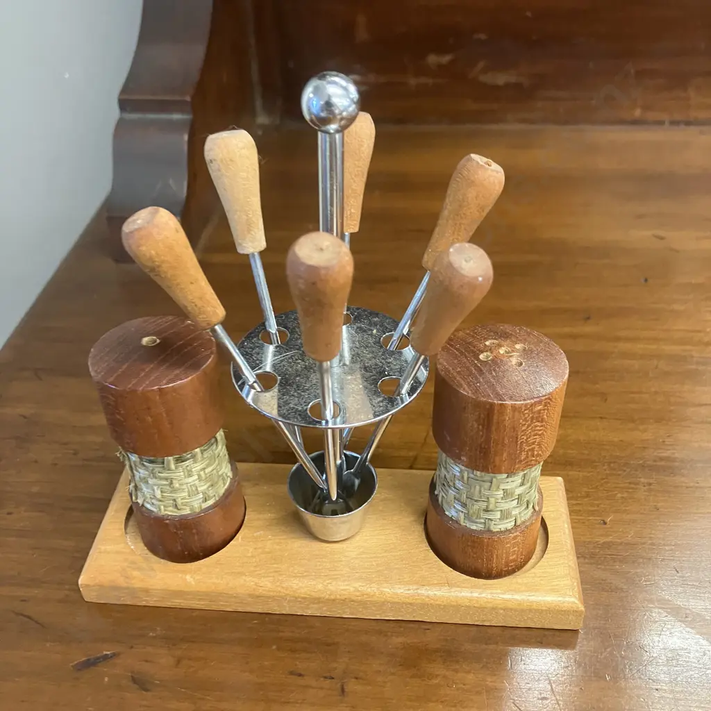 Kirkham Pottery Butter Dish And Wynncraft Stand Red Dot Black Streak Atomic & Retro Fondue Forks With Salt & Pepper Set Image 1++