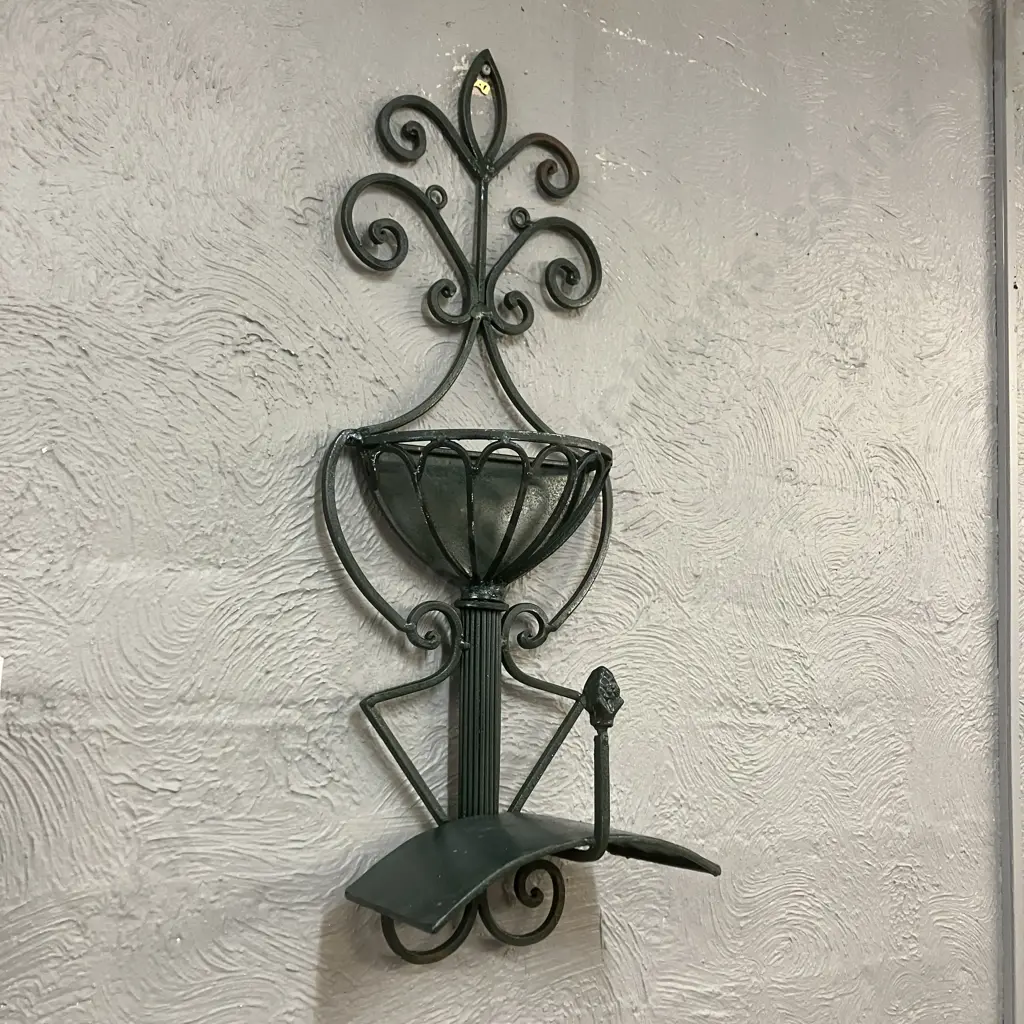 Vintage Wrought Iron Wall Planter & Hose Holder Painted Green. 74.5 x 27cm Image 1++