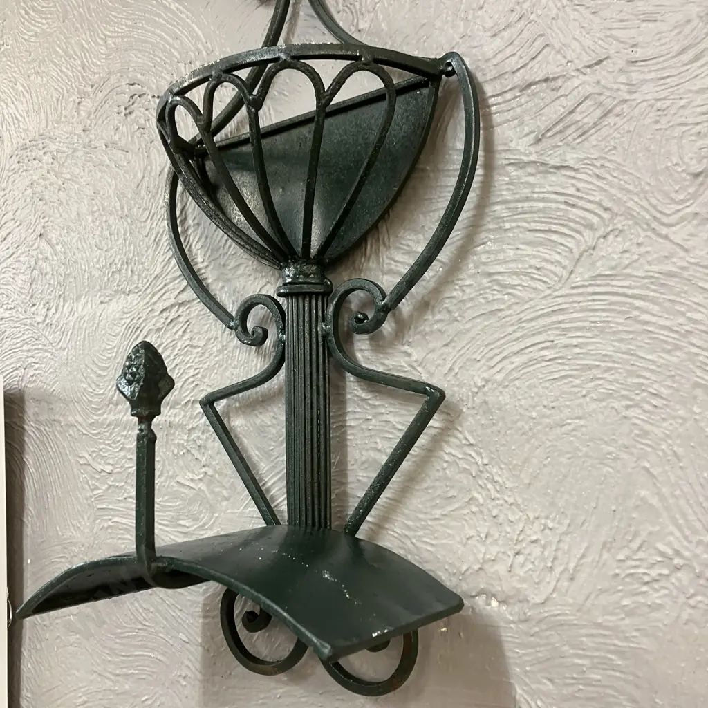Vintage Wrought Iron Wall Planter & Hose Holder Painted Green. 74.5 x 27cm Image 1++