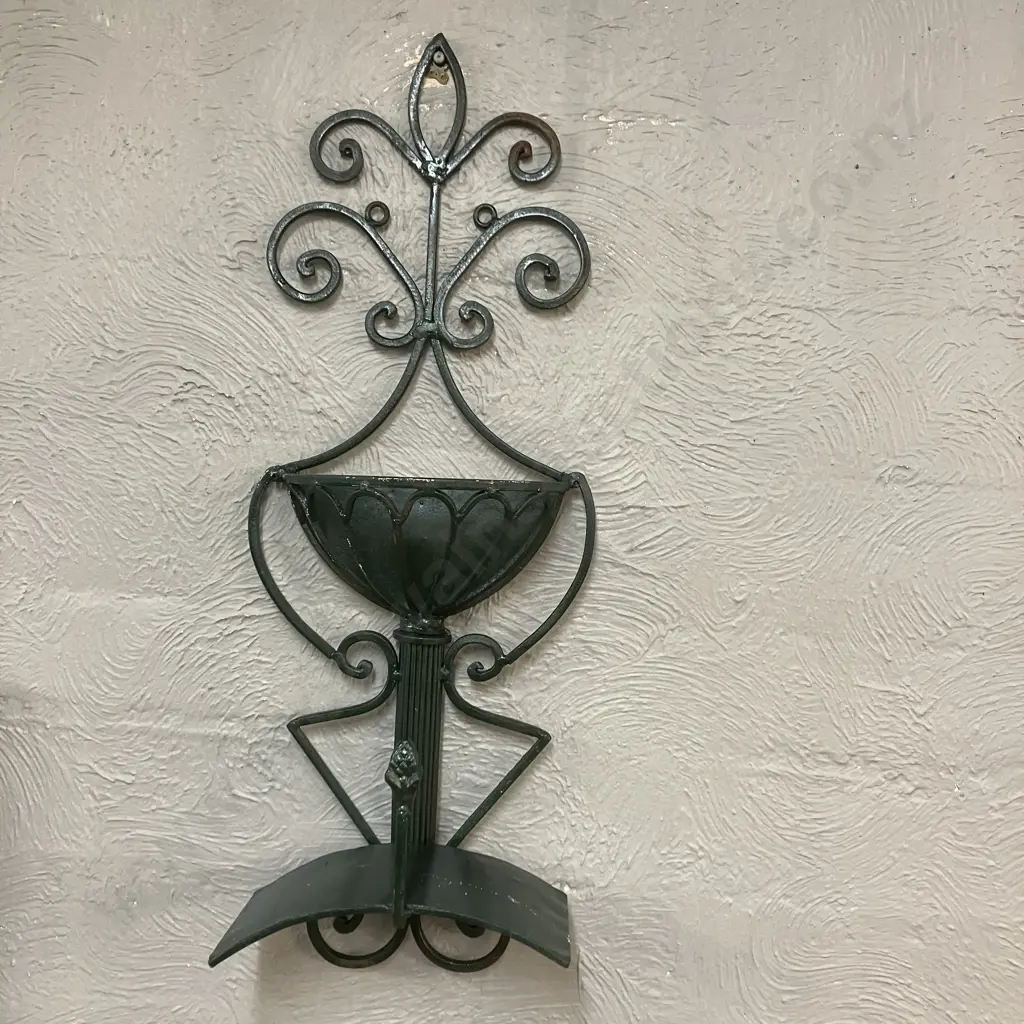 Vintage Wrought Iron Wall Planter & Hose Holder Painted Green. 74.5 x 27cm Image 1++
