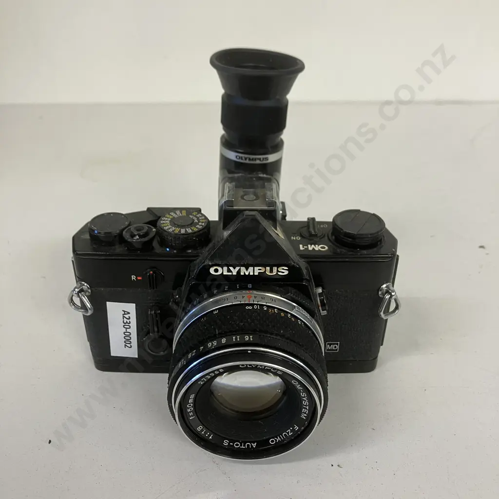 Olympus OM-1 Black 35mm SLR Camera, Varimagni Right Angle View Finder 1.2x 2.5x, F.Zuiko Auto-S 50mm f/1.8 Lens - Japan Image 1++