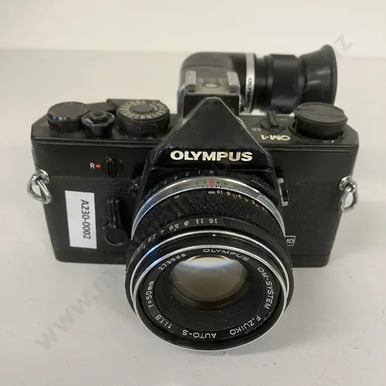 Olympus OM-1 Black 35mm SLR Camera, Varimagni Right Angle View Finder 1.2x 2.5x, F.Zuiko Auto-S 50mm f/1.8 Lens - Japan