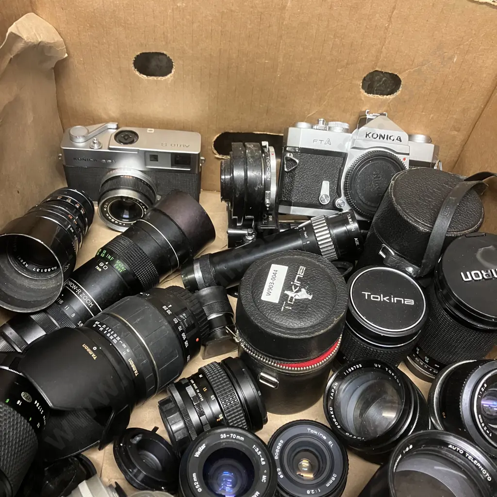 Box lot Assorted Cameras, Lenses Etc Image 1++