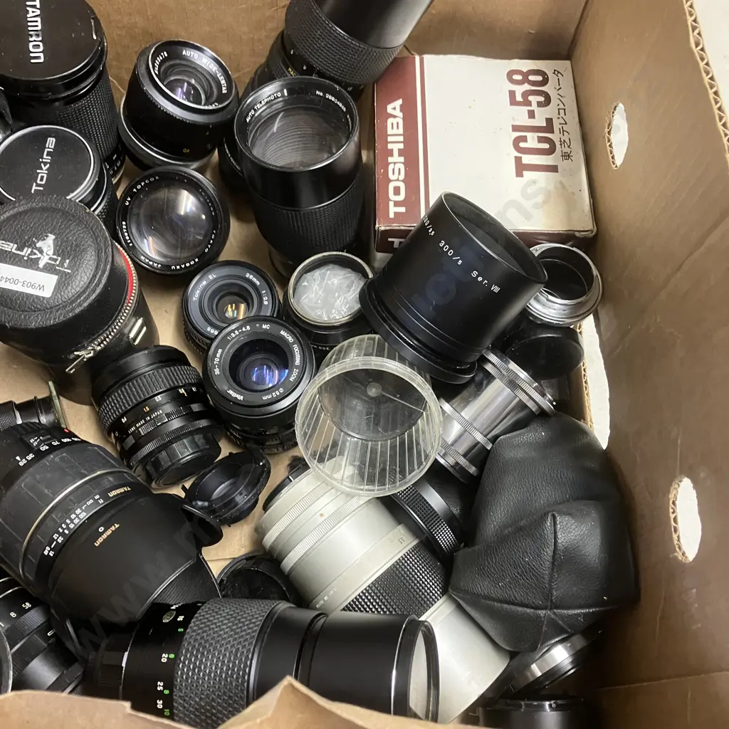 Box lot Assorted Cameras, Lenses Etc Image 1++